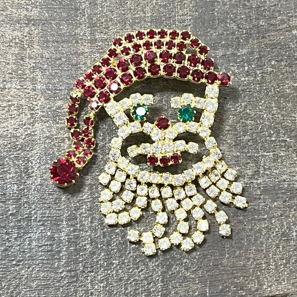 Vintage Santa Claus Brooch Red Black Clear Prong Setting Crystal Rhinestones